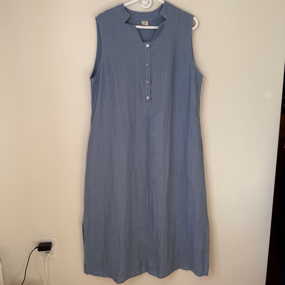 Lintico linen dress Taylor sleeveless pockets midi length blue button placket XL - Picture 2 of 9